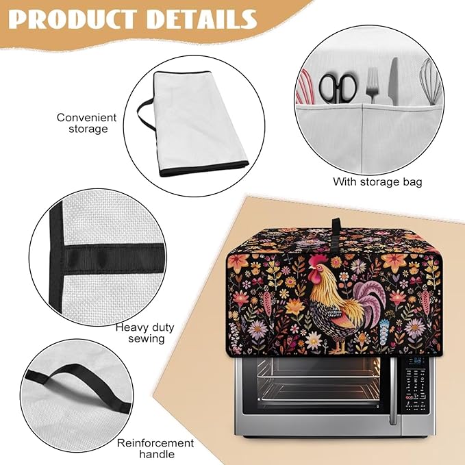 Microwave Oven Cover Air Fryer Toaster Oven Dust Cover with Accessory Pockets, Stain-resistant Small Electric Appliance Protector for Kitchen, M, Rooster Chicken Floral Black