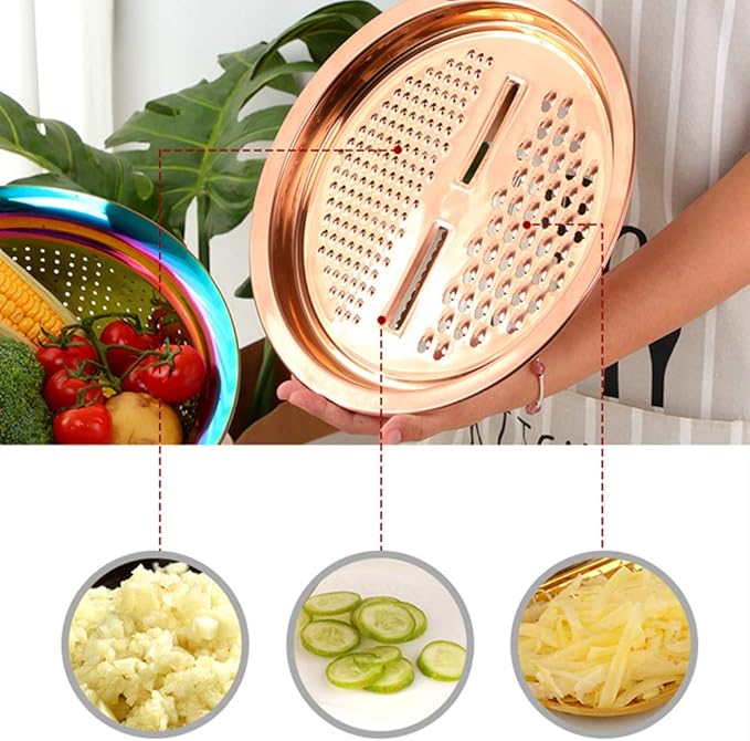 3-In-1 Multifunctional Grater Basin Colander Strainer Set, Mingcheng Stainless Steel Kitchen Grater/Drain Basket/Bottom Basin for Washing Rice, Fruits, Vegetable, Grater with Container (Rose Gold)