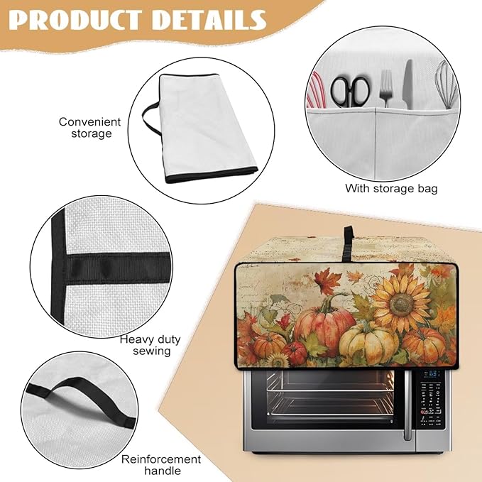 Toaster Oven Dust Cover Small Kitchen Appliance Cover for Countertop Convection Ovens,Small Appliances, S, 14.5 x 18.5 x 9 Inches, Retro Pumpkin Sunflower