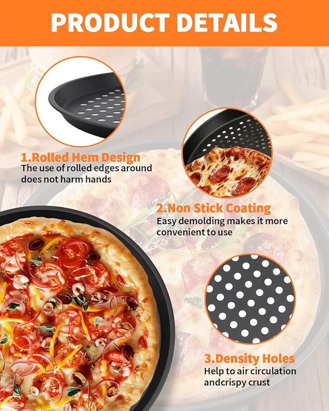 2 PCS 12-Inch Nonstick Pizza Pan with Holes, Perforated Carbon Steel Pizza Tray for Oven, Round Bakeware Pizza Tray for Home Restaurant Kitchen Baking