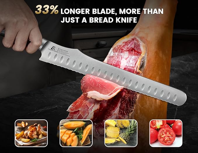 CoquusAid Bread Knife for Homemade Bread, 9 Inch Multifunction Serrated Knife, Razor Sharp Slicer, High Carbon German Steel Bread Cutter, Ergonomic Handle Design for Sourdough Turkey Fruit Cutting