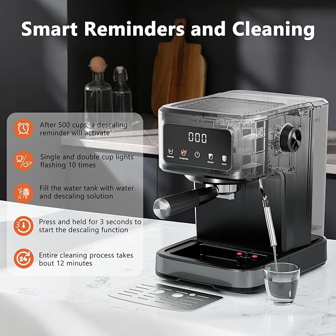 Kndko Espresso Machine, 15 Bar Digital Espresso Maker, Milk Frother Steam Wand for Latte & Cappuccino, Compact Coffee Machine, 1.5L Removable Water Tank, 2 cups dual-stainless steel filter