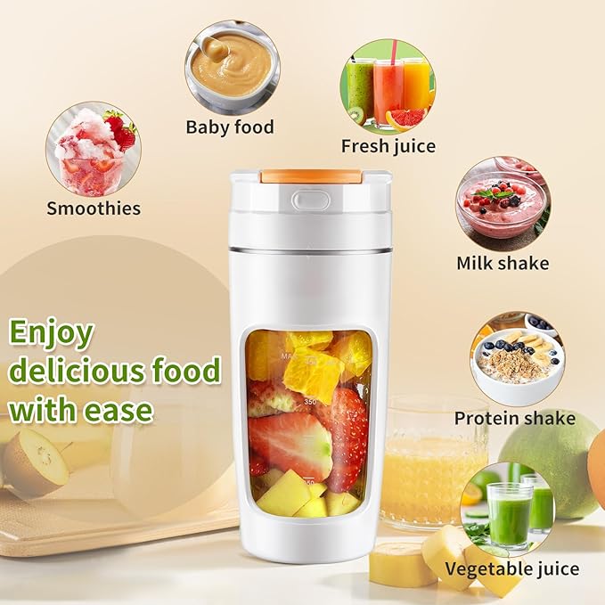 Slim Portable Blender Cup, 20oz (600ml) Personal Travel Juicer with Leakproof Lid, USB-C Rechargeable Licuadora Portatil for Smoothies and Shakes, Auto-Cleaning(white)