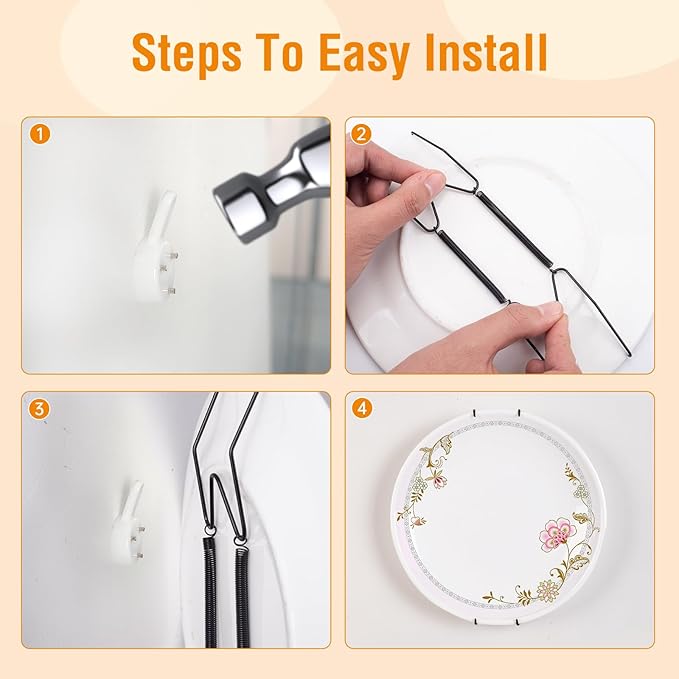 Bilillo 4 Pack Plate Hangers for The Wall, Suitable for 4''-5'' Decorative Plate,Invisible Heavy Duty Wire Plate Holder with Wall Hooks, Plate Hangers for Displaying Plates, Platter, Dish (Black)