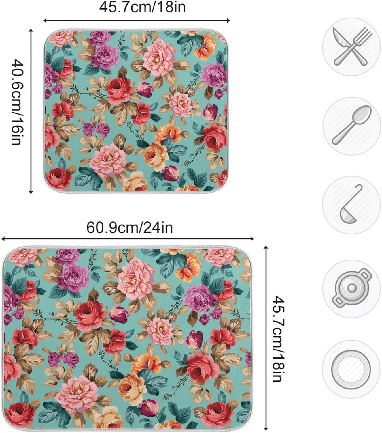 Colorful Flower Leaves Dish Drying Mat for Kitchen Counter Absorbent Microfiber Drying Pad, Large 18x24 in, Reversible Drainer Mats