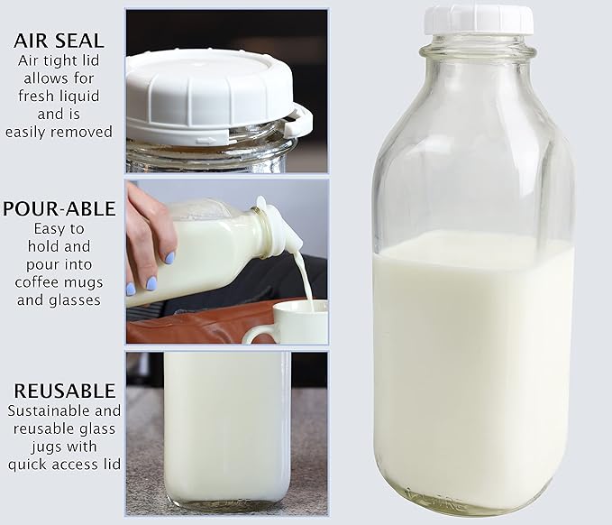The Dairy Shoppe 1 Ltr. (33.8 oz.) Glass Milk Bottle Vintage Style with Cap & NEW Silicone Pour Spouts! (2 Pack)