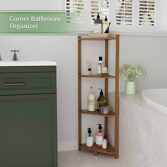 Wisuce Corner Shelf, 100% Real Bamboo Shower Corner Shelves Free Standing Shelf Storage Organizer for Bathroom Living Room Kitchen (Brown, 4 Tier)