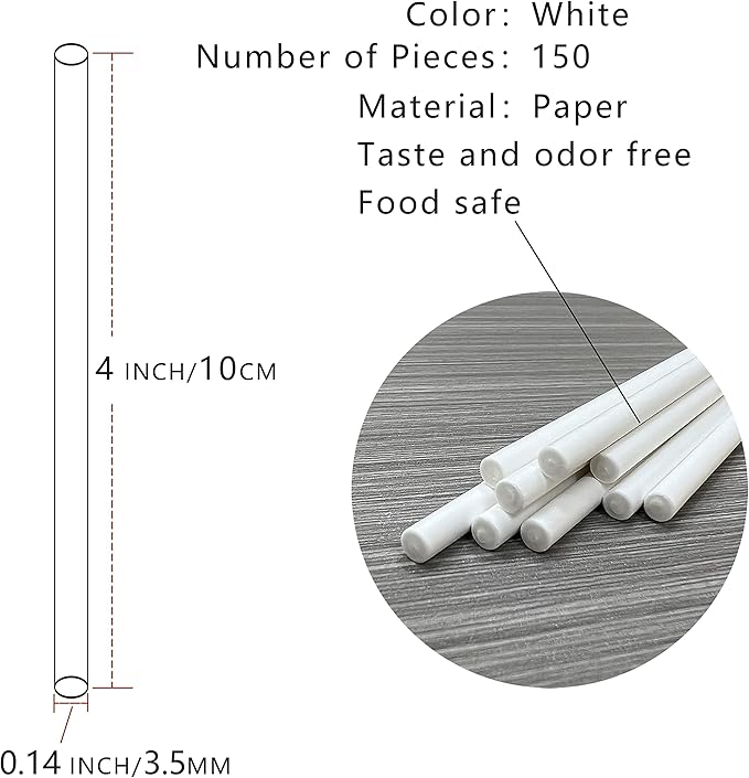 150 Count 4 INCH White Paper Lollipop Sticks,Cake Pop Sticks,Sucker Sticks for Cookies,Rainbow Candy,Chocolate,Cake Topper(Dia 3.5mm)