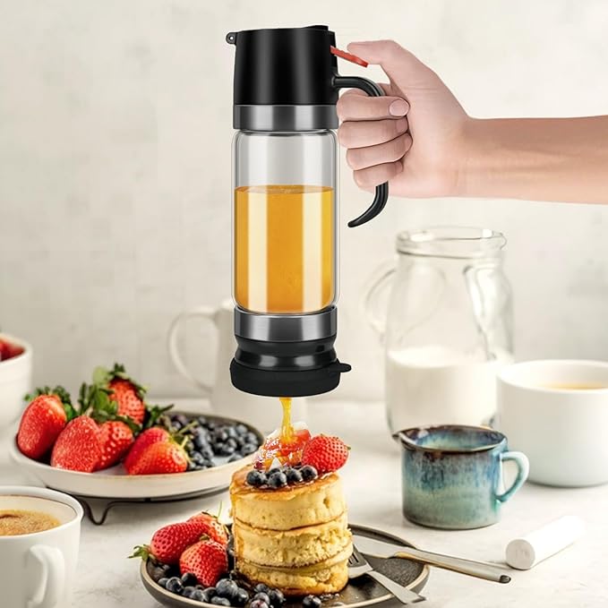 Honey Dispenser No Drip, 12 OZ Syrup Dispenser, Glass Honey Jar with Stand for Coffee, Tea, Pancake, Black