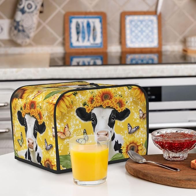 Cow with Sunflower Covers for Toasters 4 Slice,Cute Funny Bread Machine Cover with Handle,Washable Stain Resistant Kitchen Small Appliance Cover Dining Decor