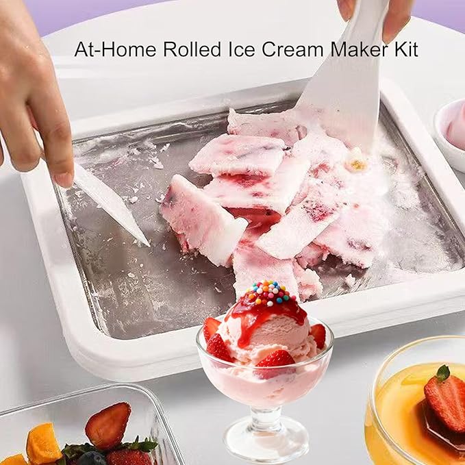 Rolled Ice Cream Maker Kit, At-Home Instant Freeze Plate with 2 Scrapers, 9×7 inch, DIY Stainless Steel 304 Homemade Iced Tray, Fun Family Activity (white)
