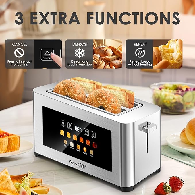 Geek Chef Long Slot Toaster 4 Slice, 1.5" Touch Screen Extra Wide Slots for Bagels & Waffles, 6 Browning Levels, Timer, Reheat, Defrost, Cancel Function, Removable Crumb Tray, Stainless Steel