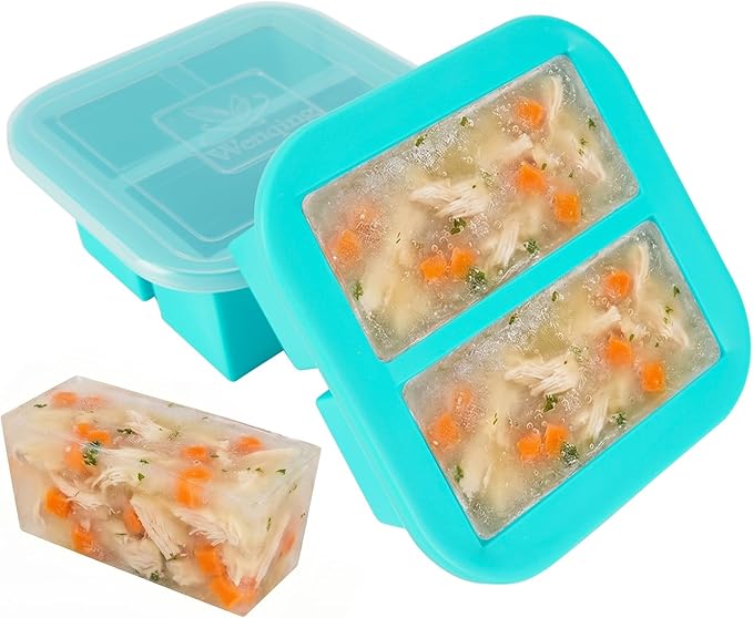 Silicone Freezer Tray with Lid 2 Pack Silicone Freezer Molds Ice Cube Tray Makes 4 Perfect 1 Cup Portions Soup Cubes Meal Prep Containers- Oven & Dishwasher Safe