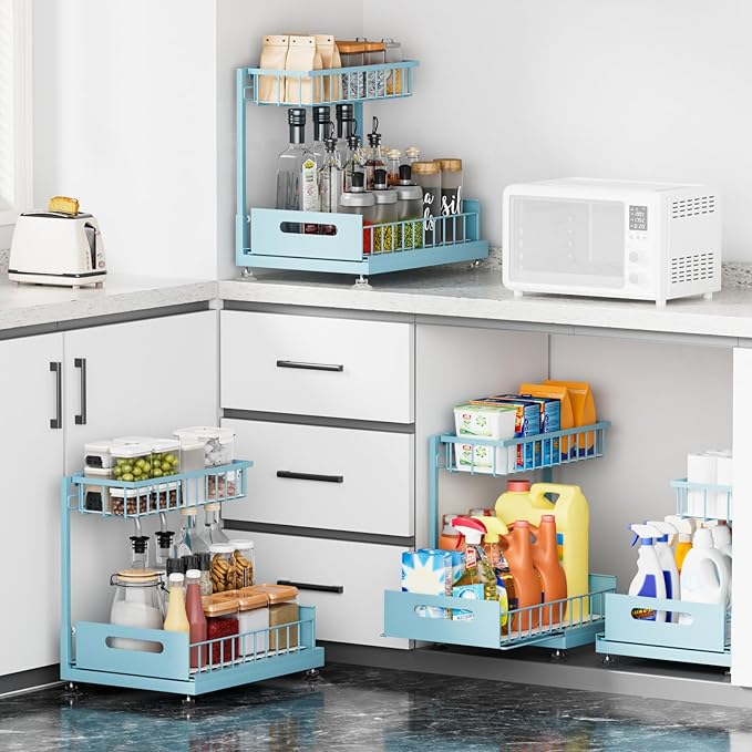 Saydear Under Sink Organizer Storage 2-Tier Premium Metal Pull-Out Kitchen Cabinet Organizer with Sliding Drawer, Height Adjustable, Heavy Duty for Kitchen & Bathroom Organizers 2 Pack Teal