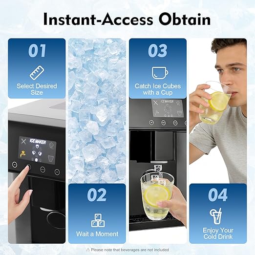 2-in-1 Nugget Ice Maker & Cold Water Dispenser, Portable Countertop Ice Maker Dispenser with LCD Display Self-Cleaning Mode, Touch Control 8-12mins Electric Ice Dispenser for Home, Office