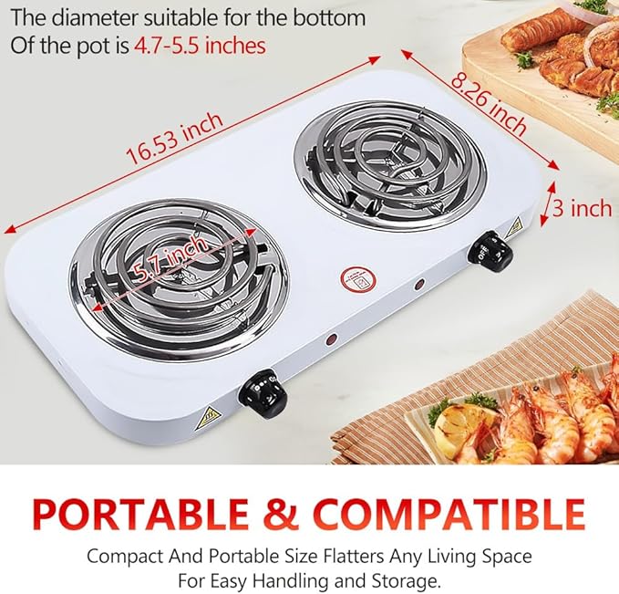 Electric Countertop Burner, Double Burner, 2000W Induction Cooktop, Portable Electric Hot Plate, 5 Level Adjustable Temperature Control Cooking Ranges for Home Dorm Camping Cooking(White Coil)