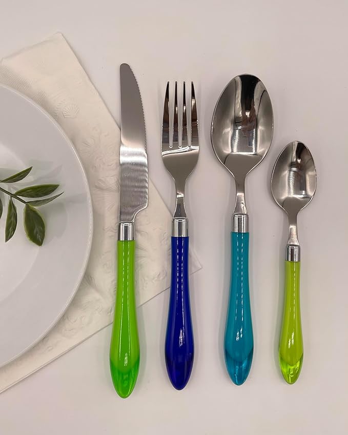 The Original Brink House Sea Blue Green Mix & Match Stainless Steel Cutlery Set with Translucent Handles / 16 pieces with Metal Stand/Lifestyle utensils set for home, apartment, dorm, outdoor events