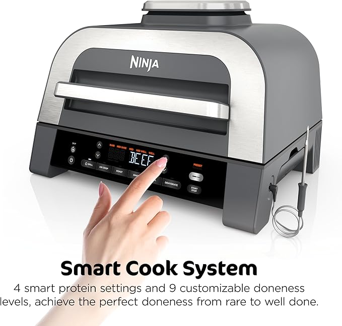 Ninja DG551 Foodi Smart XL 6-in-1 Indoor Grill with Air Fry, Roast, Bake, Broil, & Dehydrate, Foodi Smart Thermometer, 2nd Generation, Black/Silver