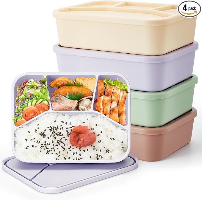 Ziliny 4 Pcs Silicone Bento Box Reusable Lunch Container Smooth Leak Proof Lunch Box Rectangle Bento Boxes for Adult Work Travel Food Meal Compartment Storage, 4 Colors (Light Color)