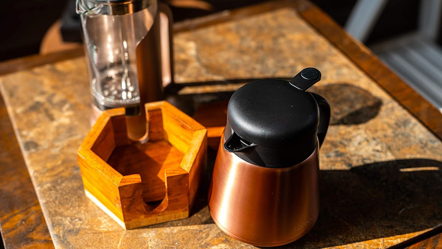 Thermal Coffee Carafe Tea Pot Stainless Steel, Double Wall Vacuum Insulated | Cool Touch Handle | Hot & Cold Retention | Non-Slip Silicone Base | BPA Free Copper