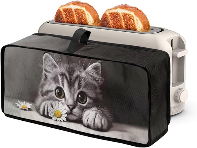 Toaster Cover 2 Slice Grey Cat Slim 2 Slice Toaster Cover Easy to Fold and Carry, Heat-Resistant Dustproof Dust Covers for Toasters Long Slot, Machine Washable