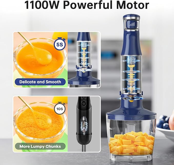 Turelar Immersion Blender Handheld Corded Hand Blenders Set 1100W, Trigger Variable Speed 5 in 1 Stick Emulsifier with Chopper, Whisk and Frother for Soup, Baby Food and Smoothies, Navy Blue