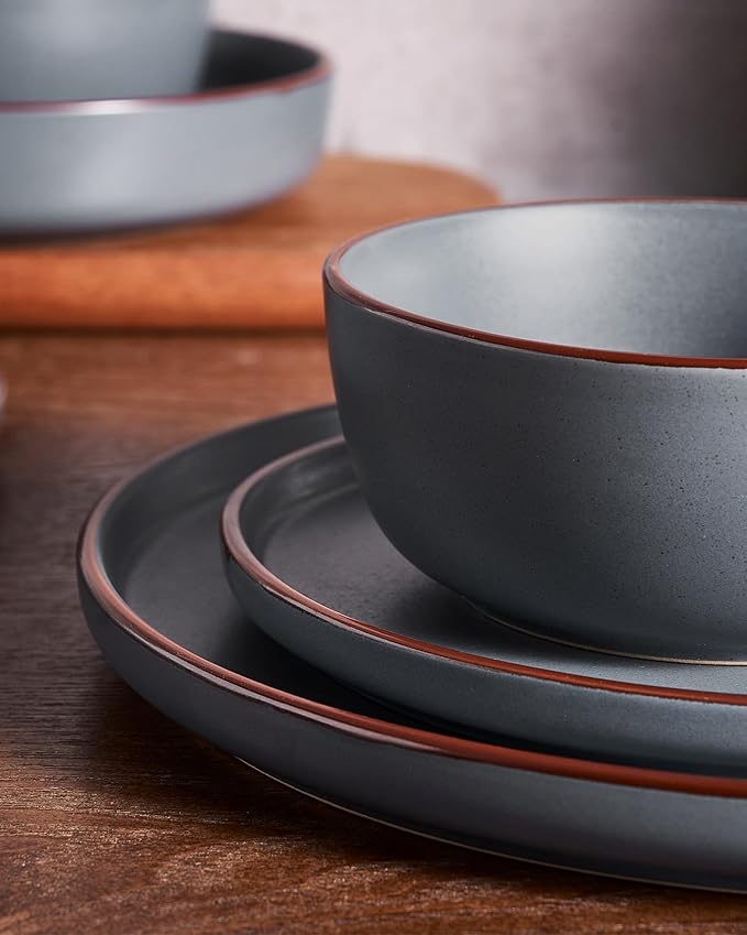 Famiware Mercury Dinnerware Sets with Mugs, Service for 6 (24 Pieces), Stoneware Plates and Bowls Sets, Microwave and Dishwasher Safe Dishes Set, Charcoal