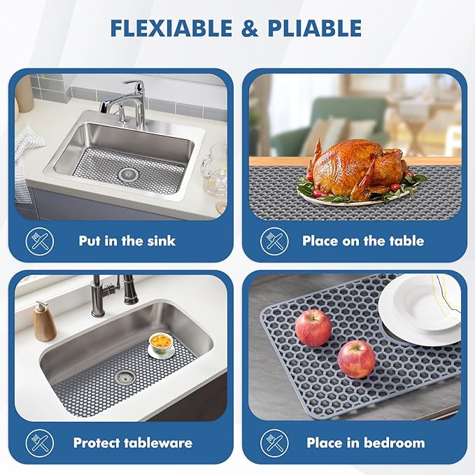 Bestjing Silicone Sink Protectors for Kitchen Sink with Center Drain - 29.7"x 15.5" Kitchen Protector Accessory, Non-Slip Heat Resistan Mat for Bottom of Farmhouse Stainless Steel Porcelain (Gray)