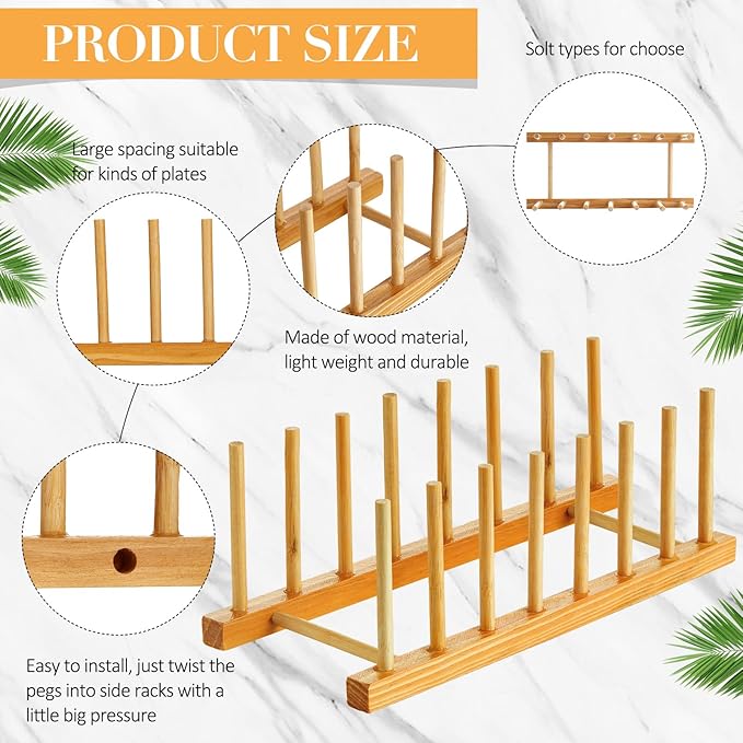 Zopeal 9 Pcs Bamboo Wooden Plate Racks Dish Rack Stand Holder 3/6/ 7 Slots Drainboard Drying Drainer Kitchen Cabinet Organizer for Dish Plate Bowl Cup Pot Lid Book