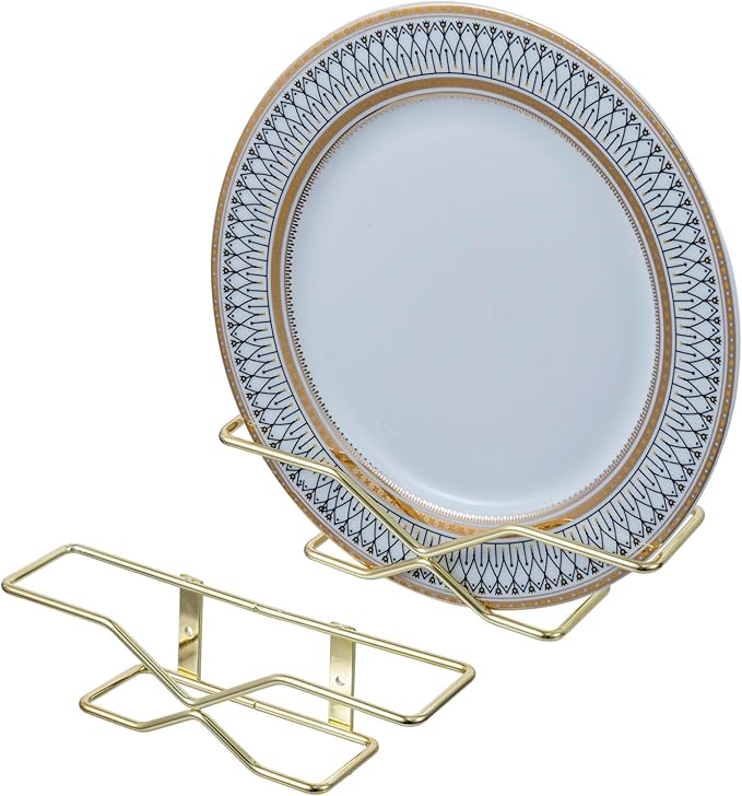 MyGift Deluxe Wall Mounted Brass Tone Metal Wire Vertical Hanging Plate Holder Rack, Decorative Modern Minimalist Hangers for 10 Inch Collectible Plates, Set of 2