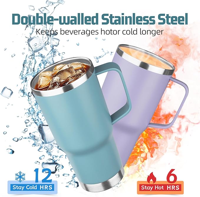 20 oz Tumbler with Handle Stainless Steel Insulated Coffee Mug Tumbler with Lid and Straw Double Wall Vacuum Insulated Coffee Mug Leak Proof Travel Tumbler for Hot and Cold Drink (Azure Blue,1pack)