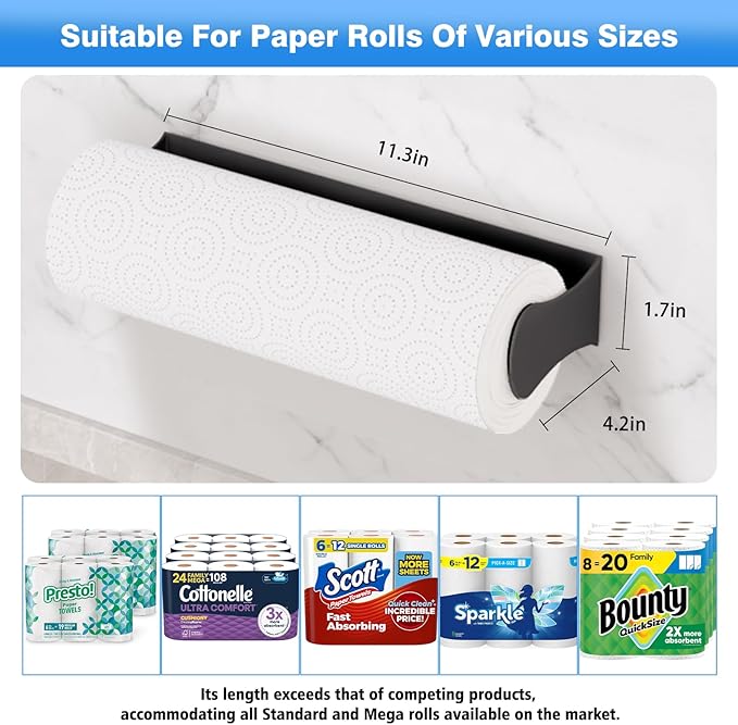 Paper Towel Holder Under Cabinet, Black, Adhesive & Wall Mount, Under Counter Paper Towel Rack for Kitchen and Bathroom, Home and Kitchen Decor