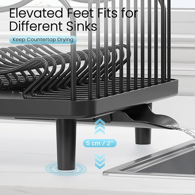 Stainless Steel Dish Drying Rack - Large Capacity Dish Rack for Kitchen Counter with Drain Board, Rustproof Dish Drainer with Drain Spout, Utensil Holder & Glass Holder, Dinnerware Organizer, Black
