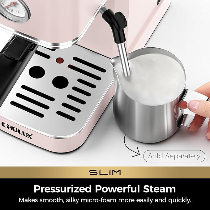 CHULUX Slim Espresso Machine with Milk Frother, 20 Bar Professional Italian Pump Espresso Coffee Machine for Home Cappuccino & Latte Maker, Stainless Steel, Pink
