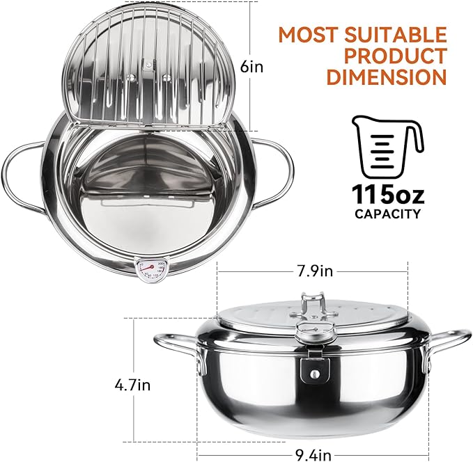 Kerilyn Deep Fryer Pot, 9.4 Inch/3.4 L Janpanese Style Tempura Frying Pot with Lid, 304 Stainless Steel with Temperature Control and Oil Drip Drainer Rack, for Kitchen French Fries, Chicken etc