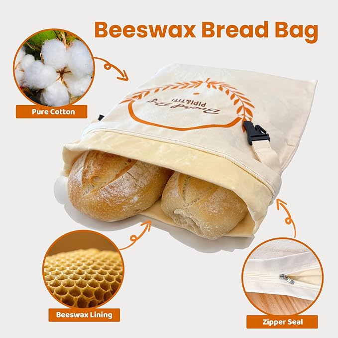 PIPI&TITI Reusable Beeswax Bread Bags for Homemade Bread (2-packs),Zippered Bread Bag for Sourdough Bread Storage,17x12.6 inches Food Storage,Portable Beeswax Cotton Bag,Freezer Friendly