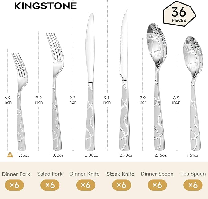 HIKAA 36PCS Stainless Steel Silverware Set with Steak Knives, Modern Flatware Set for Kitchen, Mirror Polished Cutlery Set with Forks, Spoons and Knives，Dishwasher Safe
