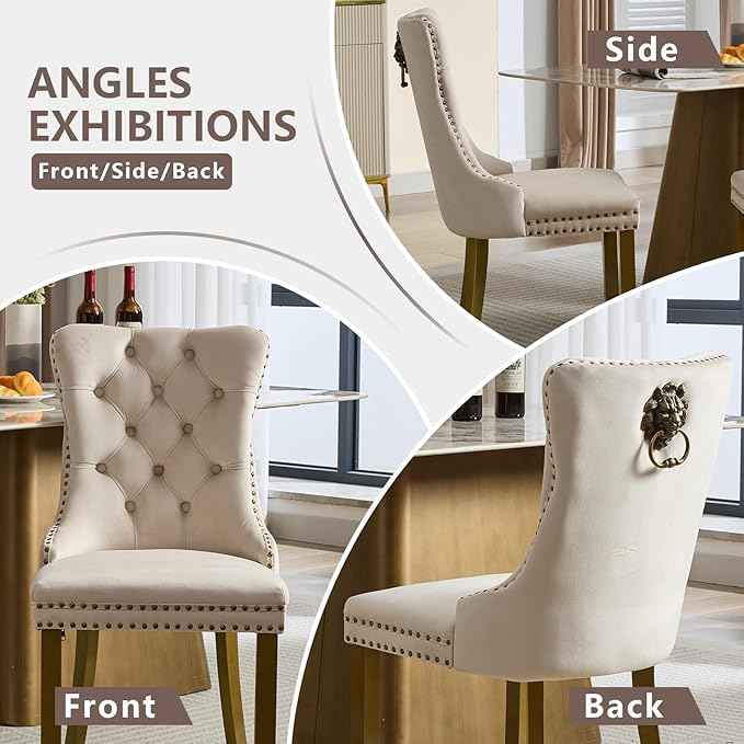 Velvet Dining Chairs Set of 2, Modern Tufted Dining Room Chair, Upholstered Dining Chairs with Lion Head Pulls Ring and Golden Solid Wood Legs, Luxury Kitchen Chairs for Dining Room, Beige