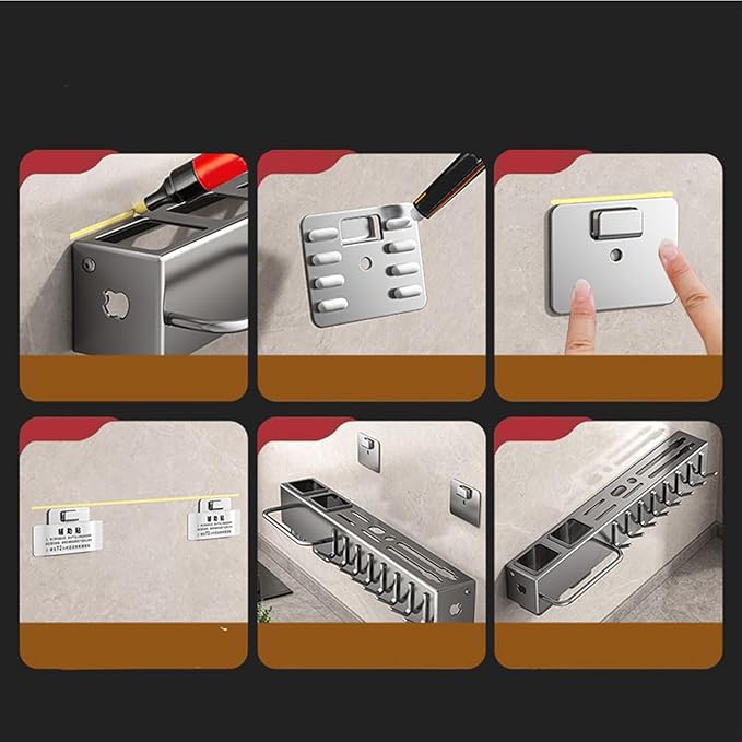 Utensil Holder – Kitchen Wall Organizer | No-Drilling Wall Mount Cutlery Storage Rack With Hooks, Towel Hanger For Spatula, Spoon, Mug & Kitchen Accessories Organization And Space Saving