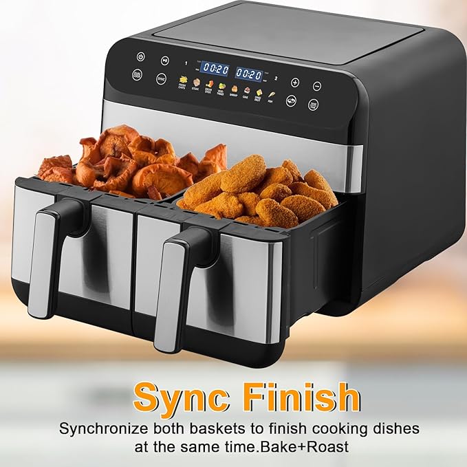 9.5 Quart 8-in-1 DualZone 2-Basket Air Fryer with 2 Independent Frying Baskets, Match Cook & Smart Finish to Roast, Broil, Dehydrate & More for Quick, Easy Meals, Black