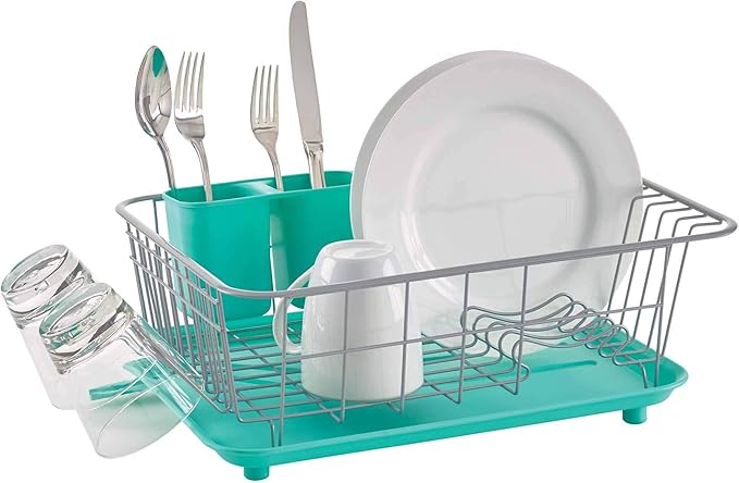 Farberware Compact Dish Drying Rack with Frost Sink Brush, Removable Drainboard and Flatware Caddy, Holds 9 Plates - Teal, Rust-Resistant for Small Kitchens