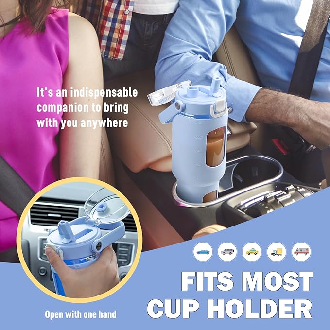 BLUEGO 40oz Glass Water Bottles with Straw Time Marker Half Gallon Large Motivational Water Bottle with Silicone Sleeve 2 Liter Large Glass Water Jug for Gym, Sports& Workout, Daily, Light Blue
