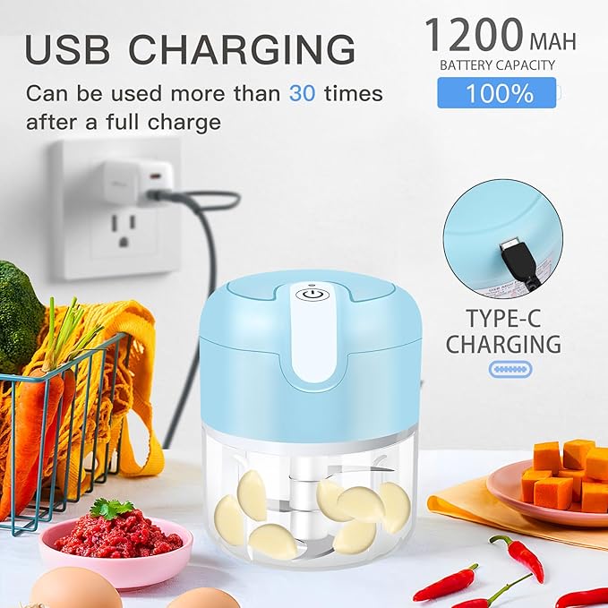 EASYSPEED Electric Garlic Chopper 1Cup, Mini USB Charging Wireless Food Processor with 304 Stainless Steel, 3 Sharp Blades, Portable Kitchen Meat Grinder for Onion, Garlic, Ginger, Baby Food