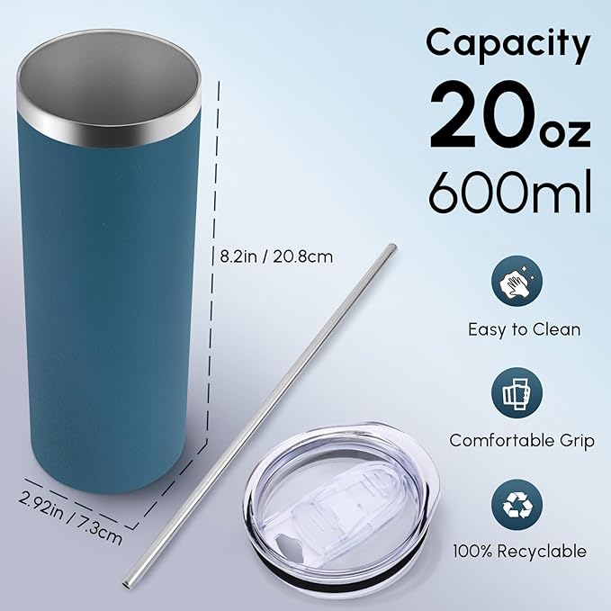 Volhoply 4 Pack Skinny Tumblers with Lid and Straw, 20oz Stainless Steel Straight Tumbler Bulk, Vacuum Insulated Coffee Mug for Home, Office, Travel, DIY (Dark Green,4 Pack)