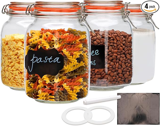 50oz Glass Jars with Clamp Lids,Set of 4,1500ml Square Wide Mouth Mason Jars with Airtight Lids,Large Glass Storage Container with Clip Lid for Kitchen,Flour,Pasta,Beans