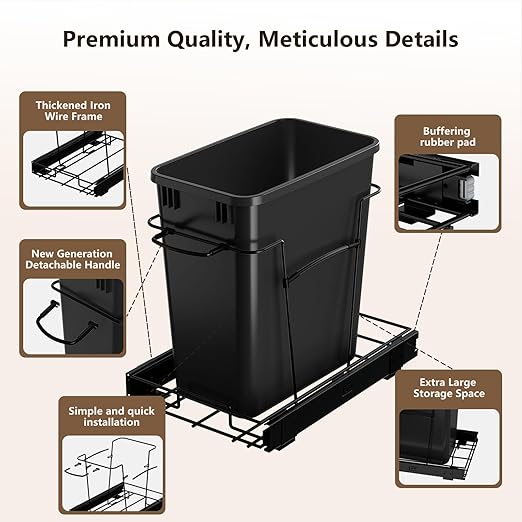 Pull Out Trash Can for Kitchen Cabinets, 35 Qt / 8.75 Gal Under Sink Garbage Bin with Full Extension Slides, Heavy-Duty Steel Frame Requires Minimum 13" W x 22" D Cabinet Opening, Black