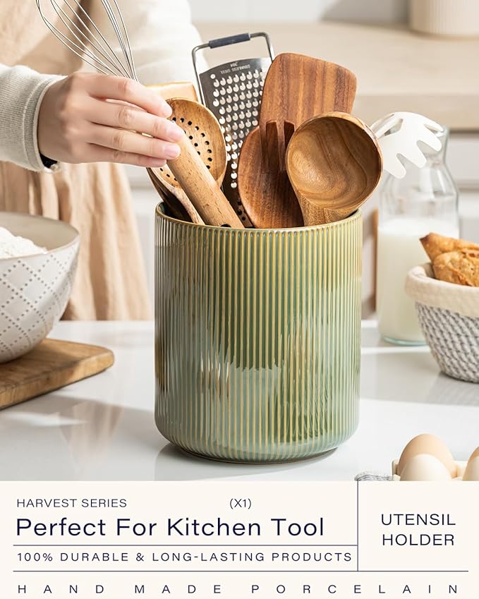 getstar Large Utensil Holder for Kitchen Counter,7.2" Vintage Ceramic Utensils Crocks Utensil Organizer for Spatula Farmhouse Kitchen Decor
