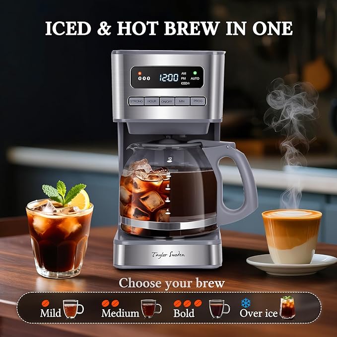 Taylor Swoden Programmable Coffee Makers 12 Cup, Hot and Iced Coffee Maker, 4 Brew Strength, LED Display, 24H Timer, Keep Warm&Auto Shutoff- Drip Coffee Machine for Home/Office, Gray & Stainless Steel