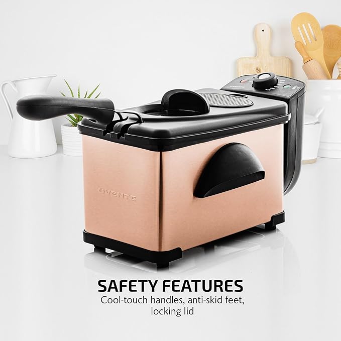 OVENTE Electric Deep Fryer 2L Capacity, Lid with Viewing Window, Adjustable Temperature, Removable Frying Basket & Cool Touch Handle, 1500W Power, Easy to Clean Stainless Steel Body, Copper FDM2201CO