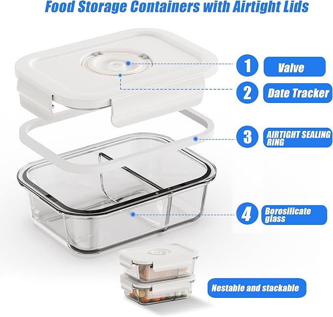 Vacuum Sealer & Food Storage Container for Food, Handheld Vacuum Pump For Glass Vacuum Storage Containers|2 compartment [21 Oz-4 PACK] & 10 Reusable Food Saver Sealer Bags[8.5 Cups]
